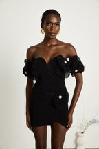 Nervürlü Çiçek Aplikeli Mini Elbise