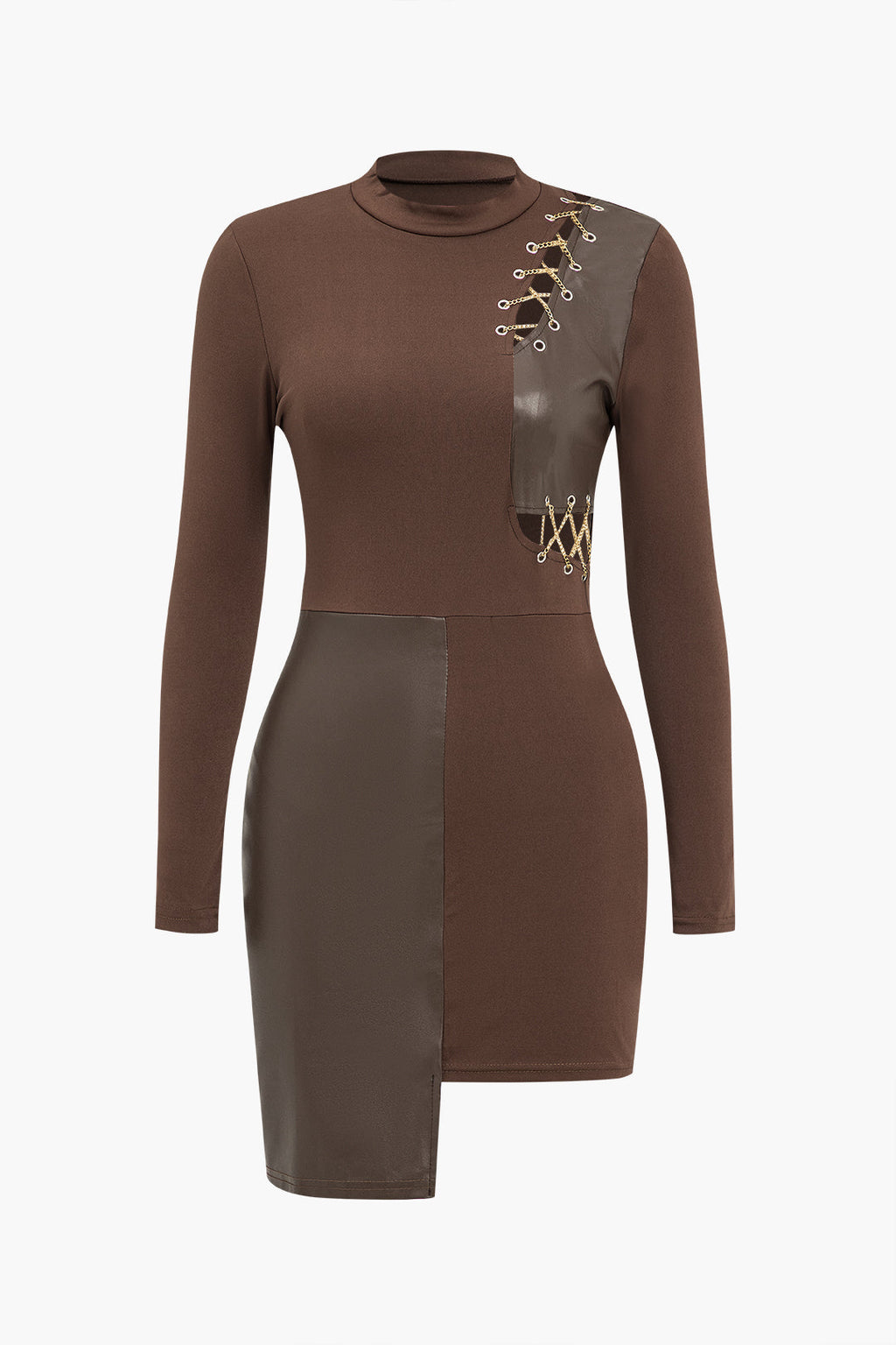 Zincir Patchwork Uzun Kollu Mini Elbise