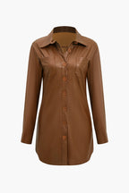 Katı Deri Düğmeli Uzun Kollu Mini Elbise