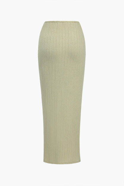 Fleur Bodysuit Ve Yüksek Yırtmaçlı Midi Etek TakımFitilli V Yaka Bodysuit Ve Yüksek Yırtmaçlı Midi Etek Takım