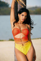 Kontrast Metalik Büzgülü Kesik Detaylı Karın Toparlayıcı Tek Parça Mayo