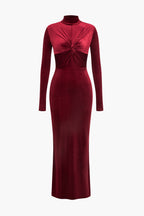 Kadife Kıvrımlı Dantelli Uzun Kollu maksi Elbise