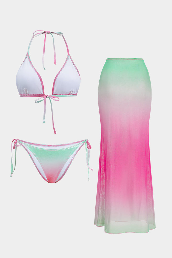 Desenli Büzgülü Sırt Dekolteli Bikini ve Mayo Eteği Pareo Takımı