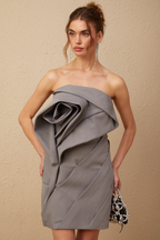 Gaia Gri Çiçek Aplikeli Pileli Mini Elbise