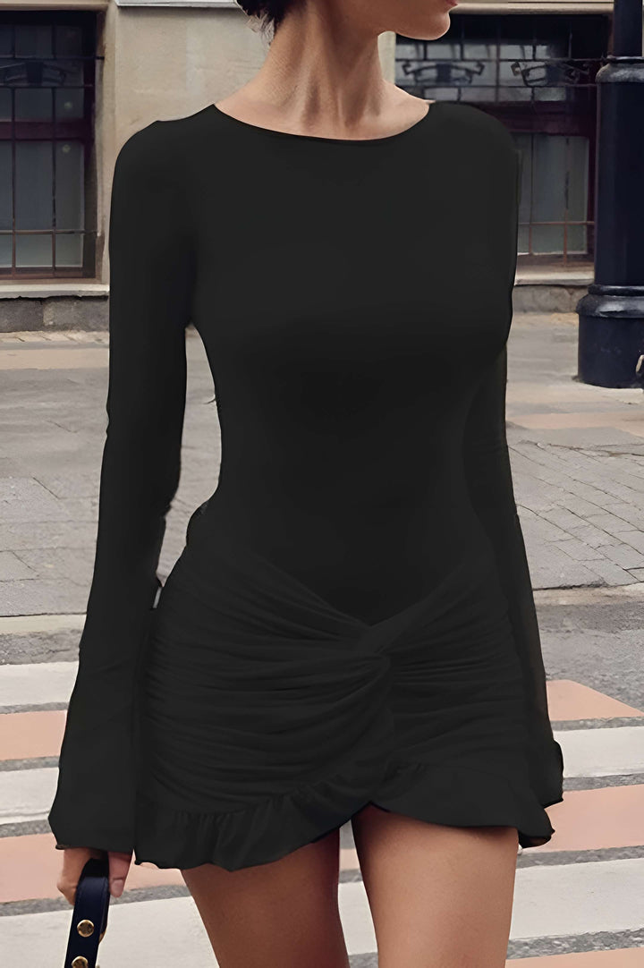 Katı Fırfır Dantelli Büküm Uzun Kollu Mini Elbise