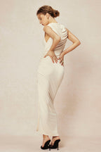 Dantelli Büzgülü Yırtmaçlı maksi Elbise