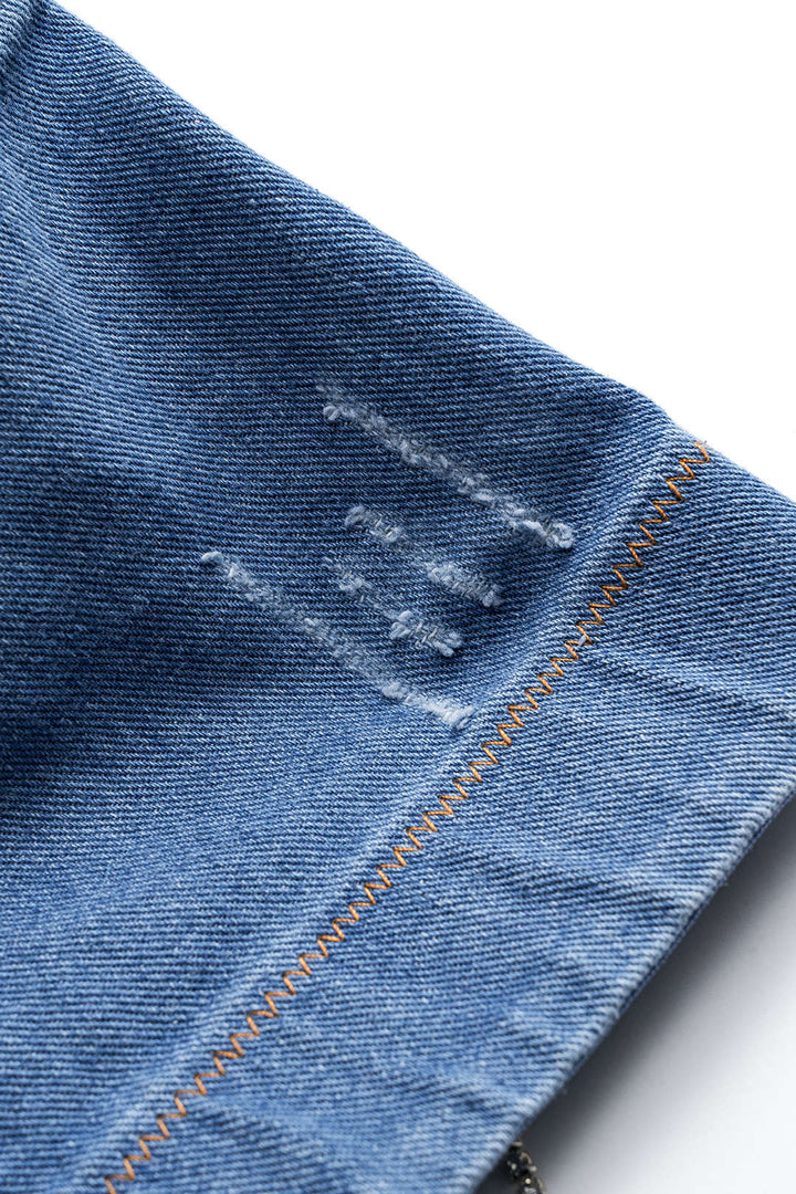 Denim Straz Taşlı Fringeli Büstiyer Sırt Dekolteli Askılı Üst