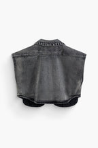 Asimetrik Düğmeli Kapaklı Cep Crop Denim Yelek