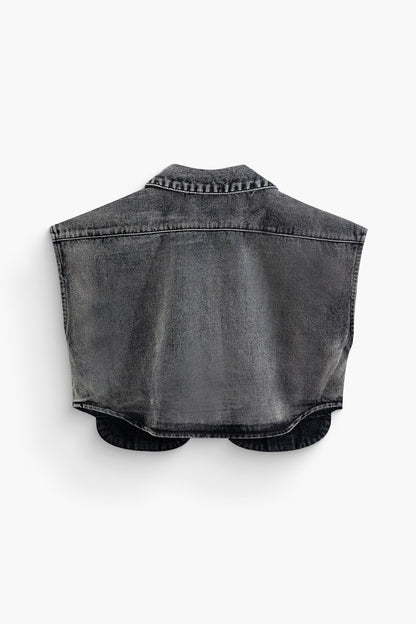 Asimetrik Düğmeli Kapaklı Cep Crop Denim Yelek