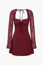 Dantel Patchwork Bağcıklı Mini Elbise