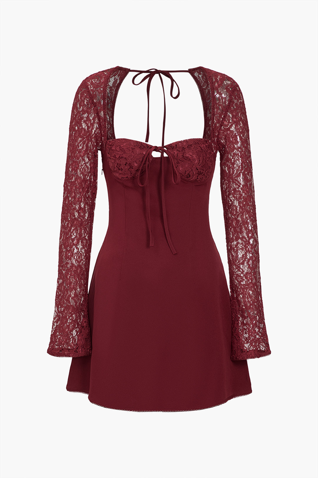 Dantel Patchwork Bağcıklı Mini Elbise