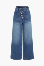 Denim Düğmeli Asimetrik Geniş Paça Jean