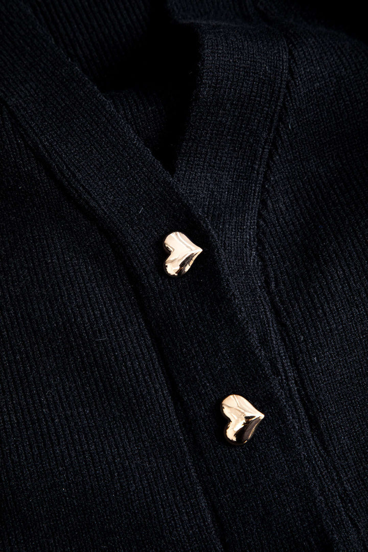 Kalp Düğmeli Balon Kol Kazak Hırka