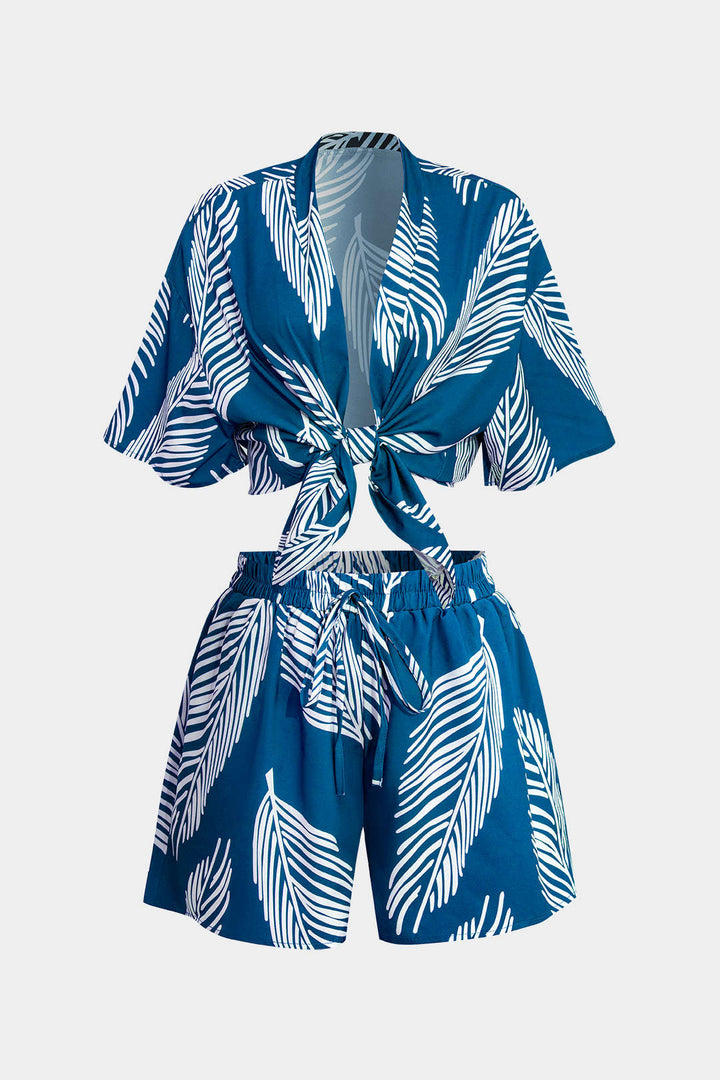 Yaprak Desenli Büzgülü Şort Takımı