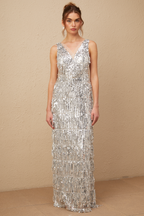 Denise Gümüş Kolsuz Püsküllü Payetli Maxi Elbise