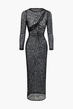 Dantelli Transparan Kesilmiş Önden Bağlamalı maksi Elbise