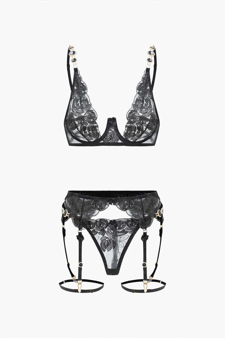 Dantel Metalik Zincir Nakışlı Jartiyer Takımı