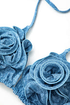 3D Çiçekli Kot Askılı Bikini Takımı