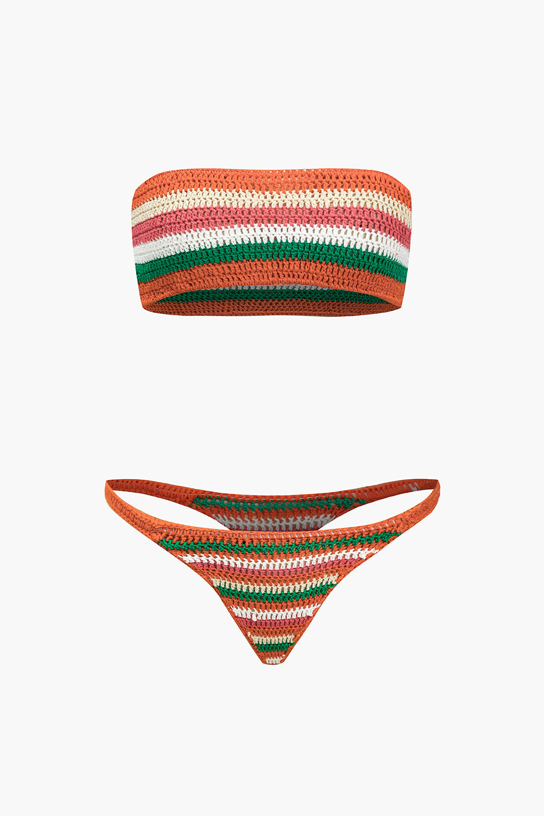 Gökkuşağı Desenli Şeritli Tığ İşi Bikini Takımı