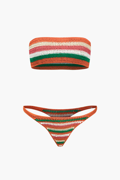 Gökkuşağı Desenli Şeritli Tığ İşi Bikini Takımı