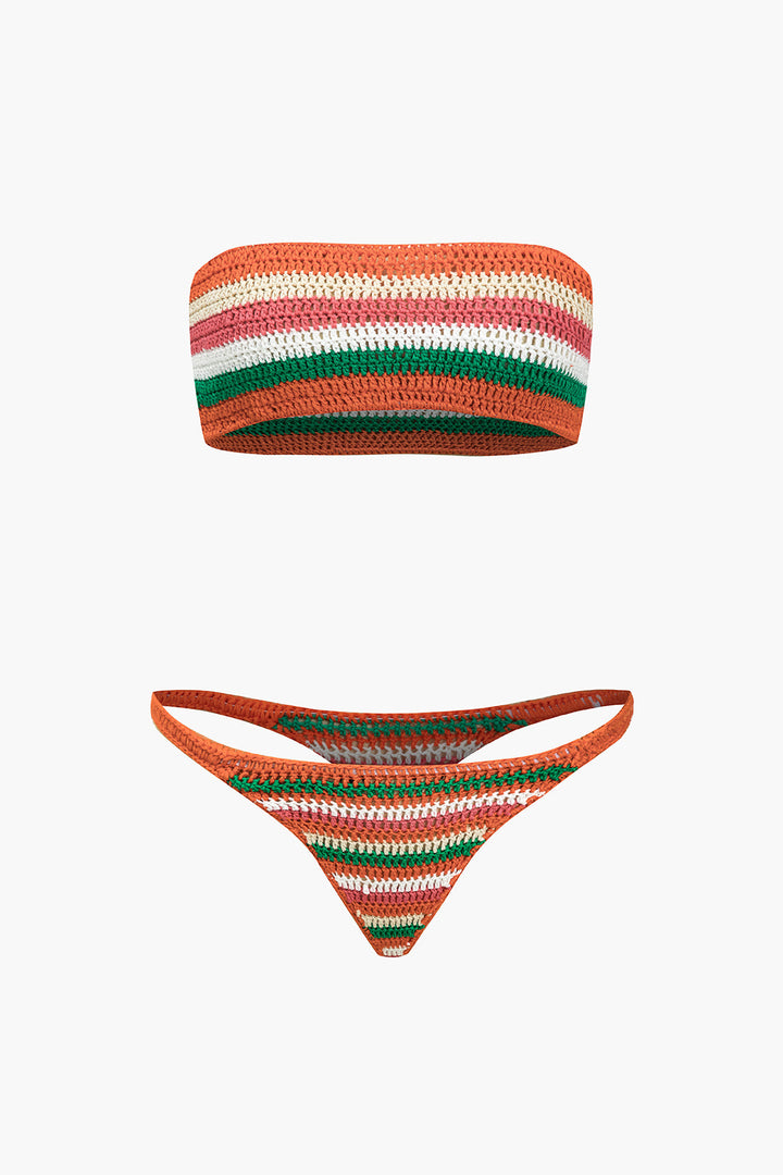 Gökkuşağı Desenli Şeritli Tığ İşi Bikini Takımı