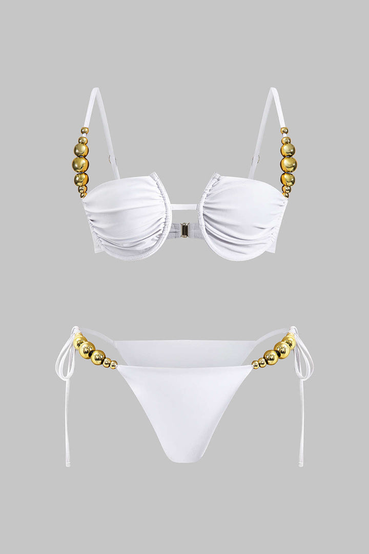 Boncuk Detaylı Büzgülü Düğme Bağlamalı Sırt Dekolteli Bikini Takımı