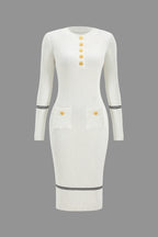 Düğmeli Örgü Bağlamalı Cep Kazak midi Elbise