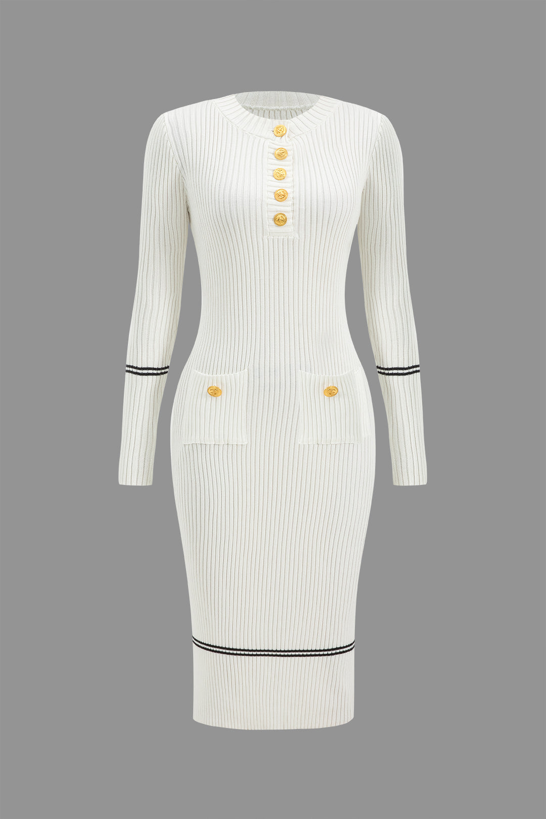 Düğmeli Örgü Bağlamalı Cep Kazak midi Elbise