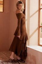 Katı Asimetrik Düşük Omuz maksi Elbise