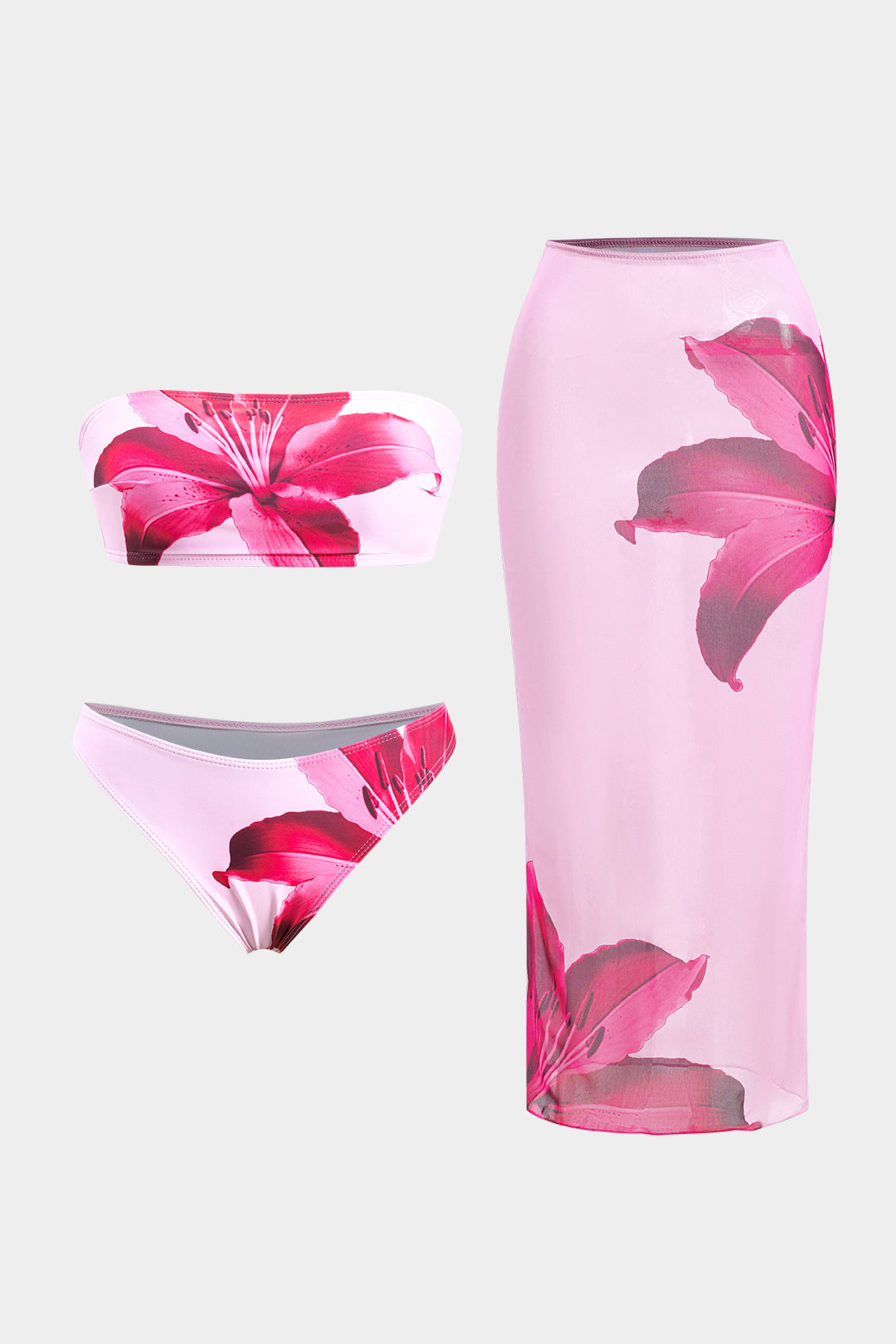 Desenli Dekolteli Bikini ve Mayo Eteği Pareo Takımı