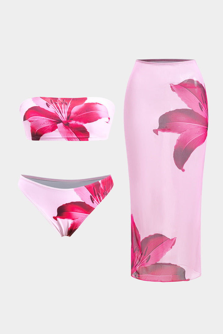 Desenli Dekolteli Bikini ve Mayo Eteği Pareo Takımı
