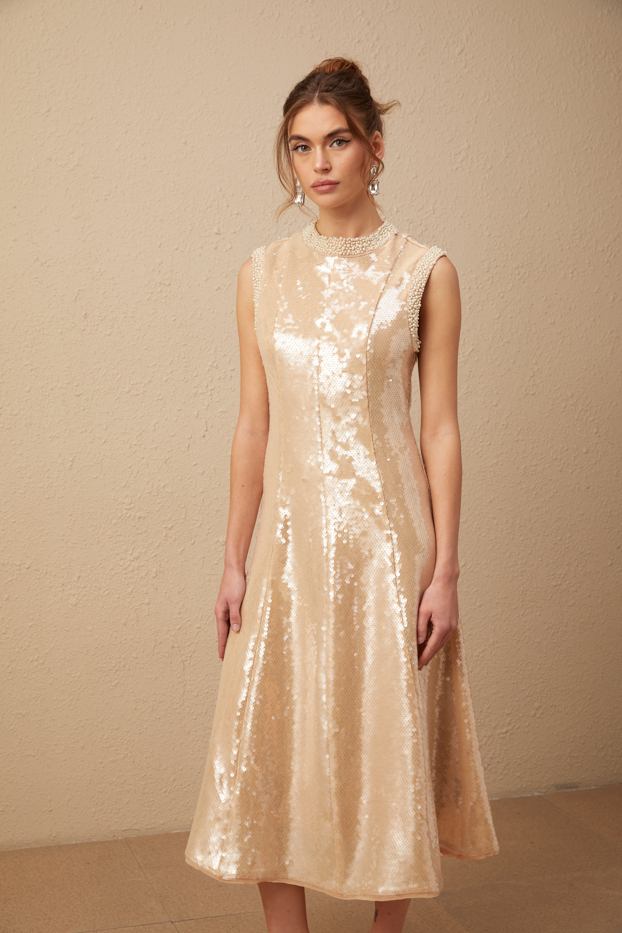 Ornella sahte inci payetli midi elbise