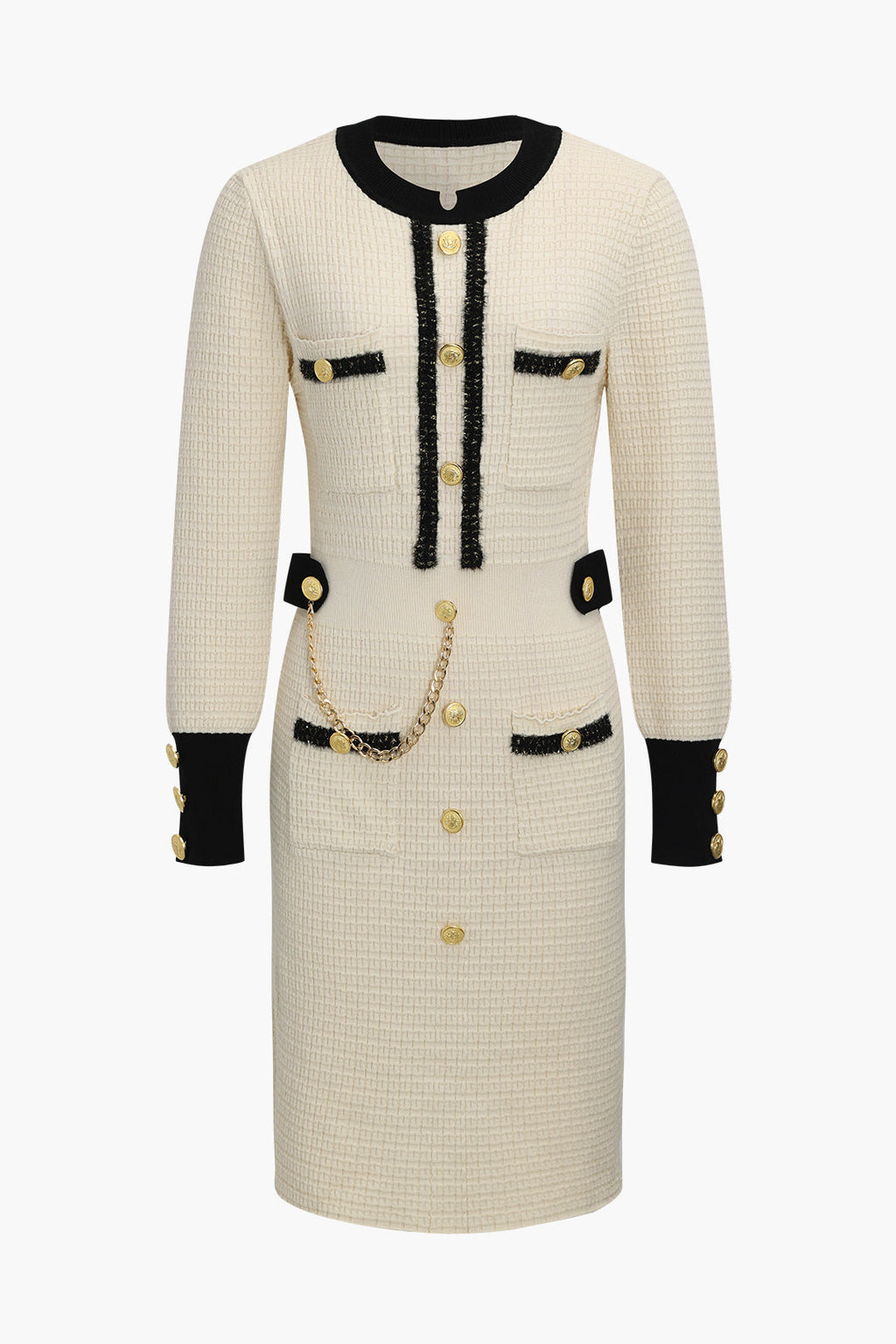 Örgü Zincir Düğmeli Uzun Kollu midi Elbise