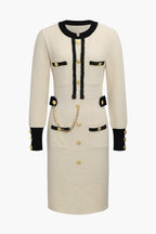 Örgü Zincir Düğmeli Uzun Kollu midi Elbise