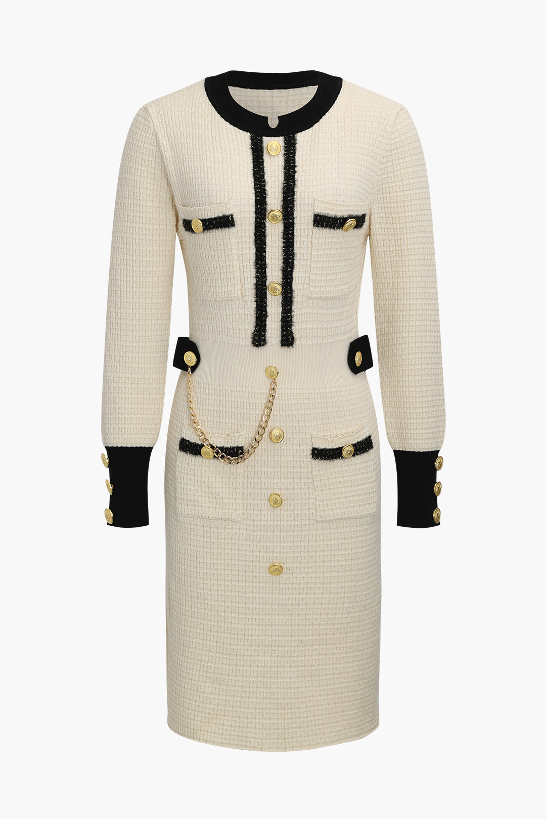 Örgü Zincir Düğmeli Uzun Kollu midi Elbise