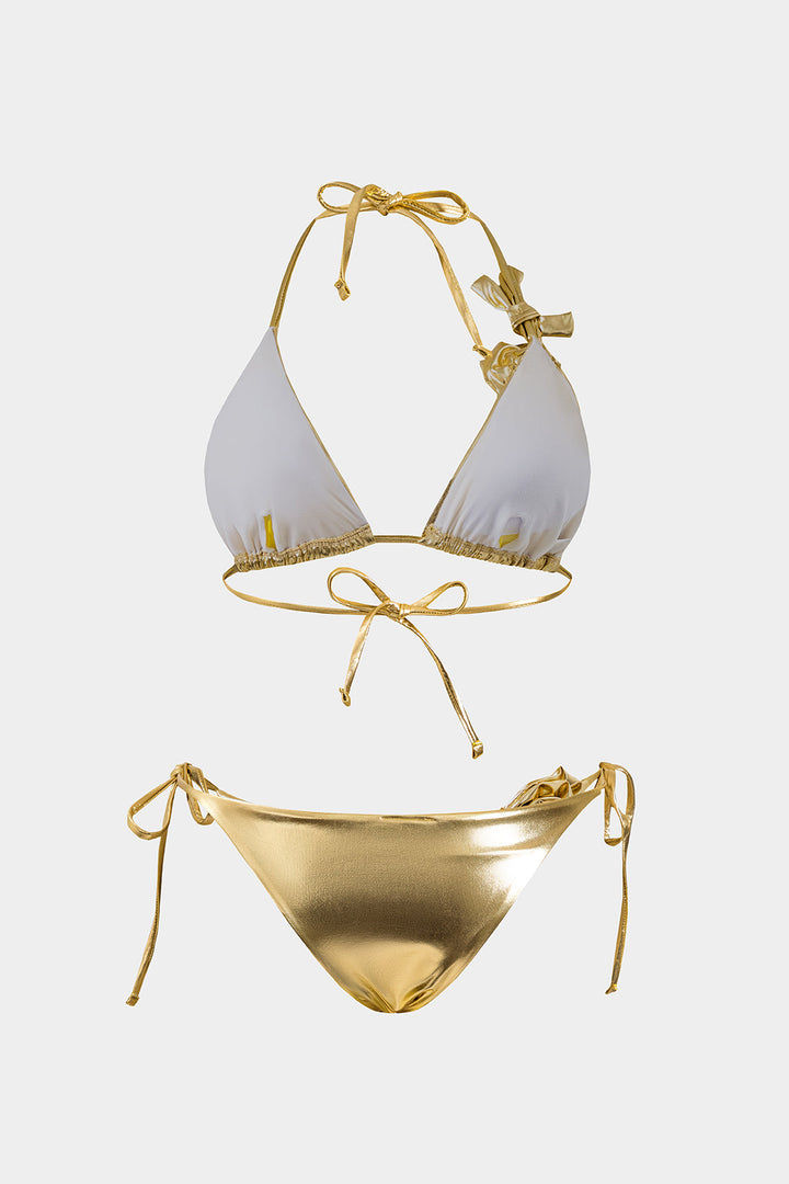 3D Çiçekli Bağlamalı Bikini ve Mayo Eteği Pareo Takım