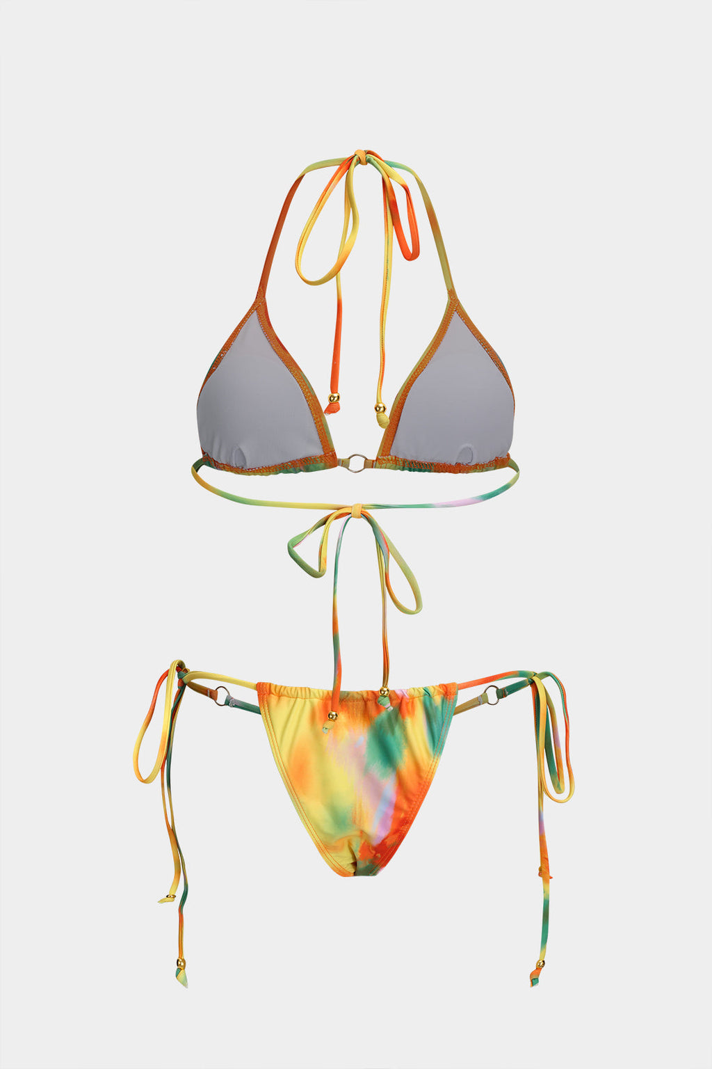 Kontrast Metal Büzgülü Boncuk Detaylı Bağlamalı Bikini Takımı