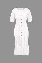 Katı Örgü Düğmeli Yuvarlak Yaka Kısa Kollu maksi Elbise