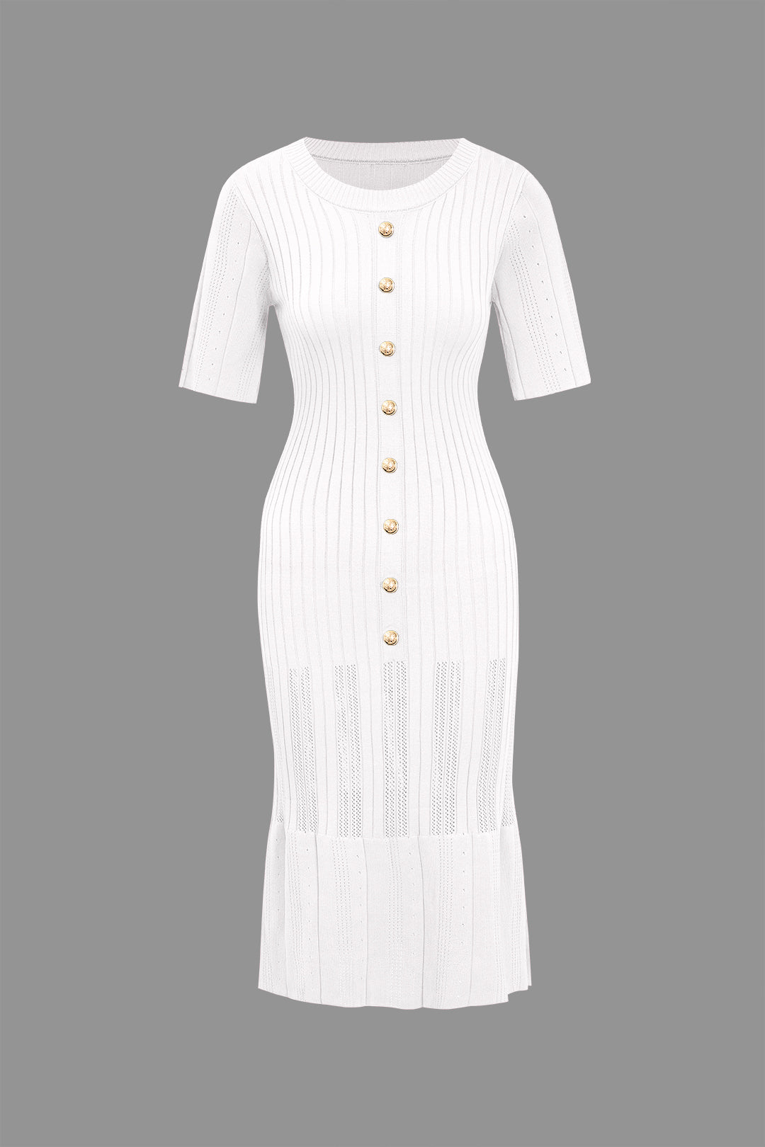 Katı Örgü Düğmeli Yuvarlak Yaka Kısa Kollu maksi Elbise