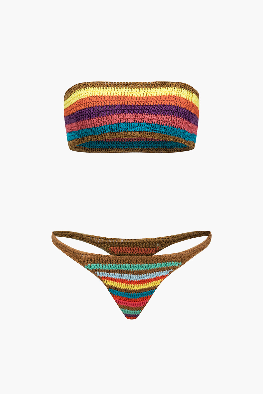 Gökkuşağı Desenli Şeritli Tığ İşi Bikini Takımı