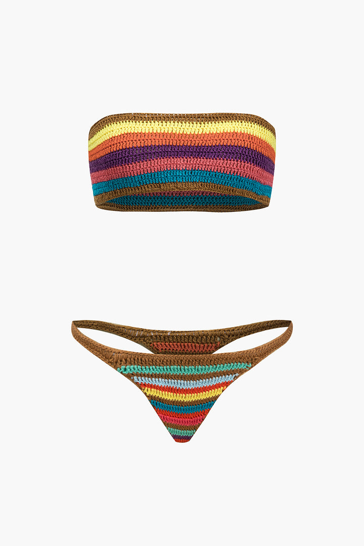 Gökkuşağı Desenli Şeritli Tığ İşi Bikini Takımı