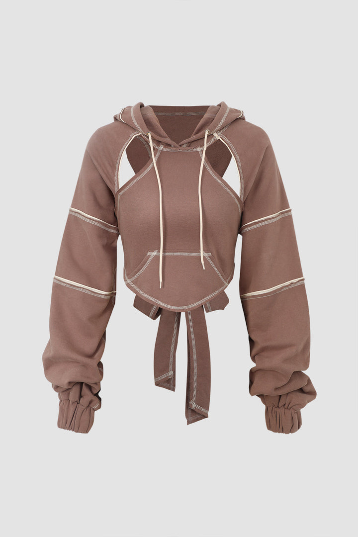 Üst Dikişli Sırtı Açık Kesikli Kapüşonlu Üst