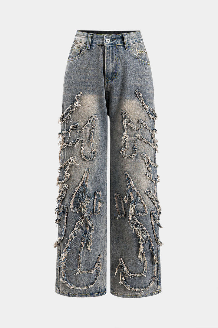 Harf Nakışlı Yıkamalı Denim Düğmeli Cep Jean