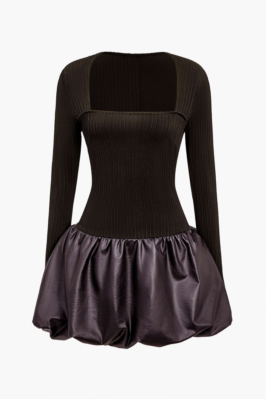 Pu Patchwork Dantelli Kare Yaka Mini Elbise