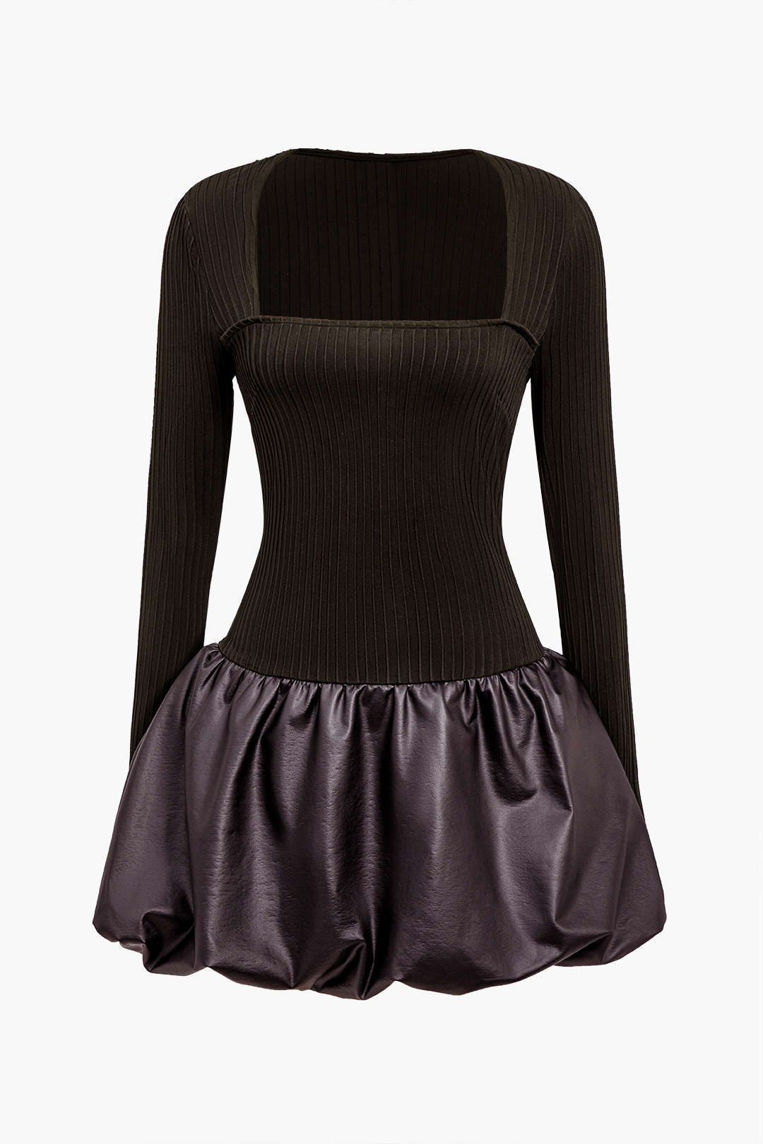 Pu Patchwork Dantelli Kare Yaka Mini Elbise