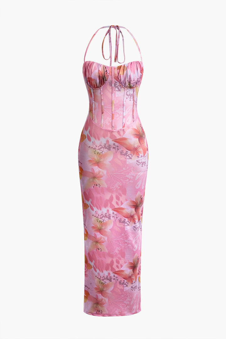 Çiçek Desenli Halter Yaka Yırtmaçlı Korse Midi Elbise