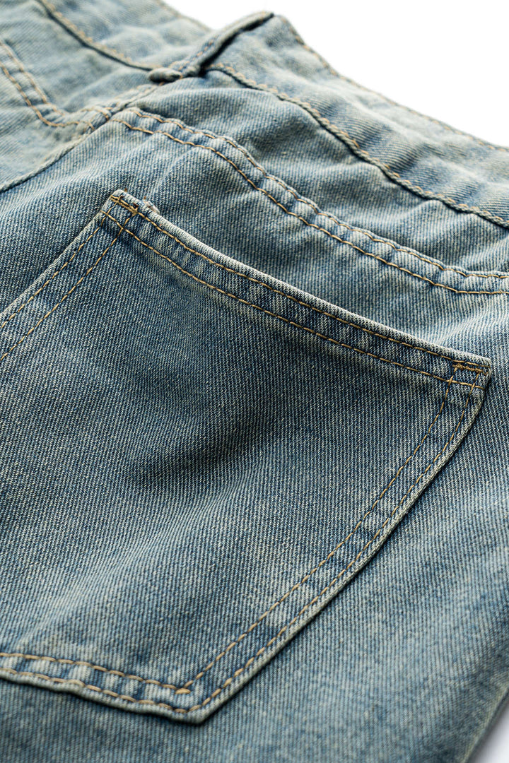Denim Yama Detaylı File Düğmeli Cep Kesik Detaylı Geniş Paça Jean