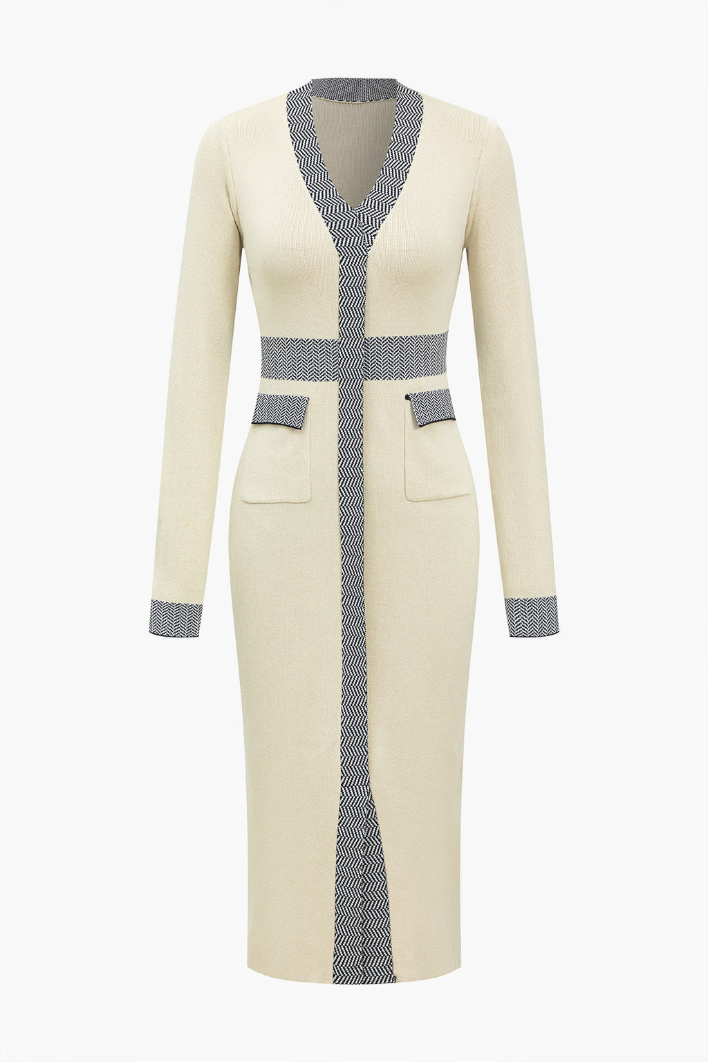 İllüzyon Desenli Baskı Cepli Uzun Kollu Kazak midi Elbise