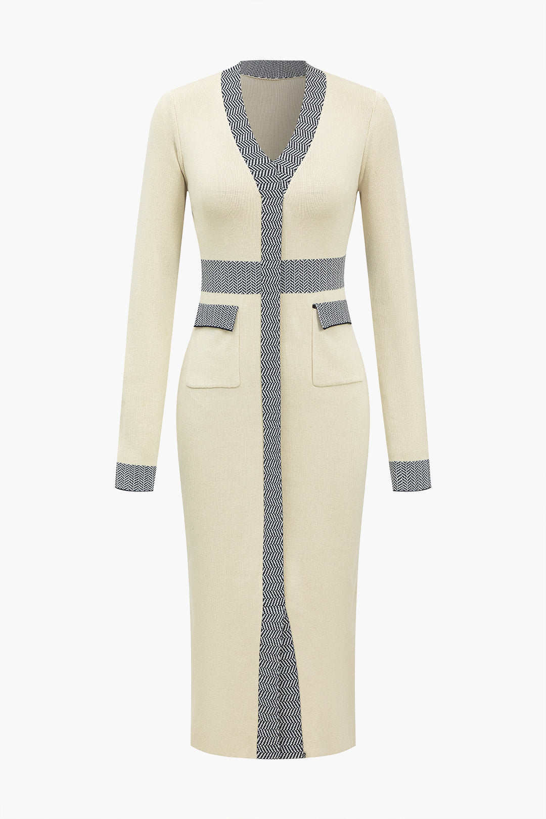 İllüzyon Desenli Baskı Cepli Uzun Kollu Kazak midi Elbise