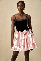 Kontrast İlmekli Pileli Mini Elbise